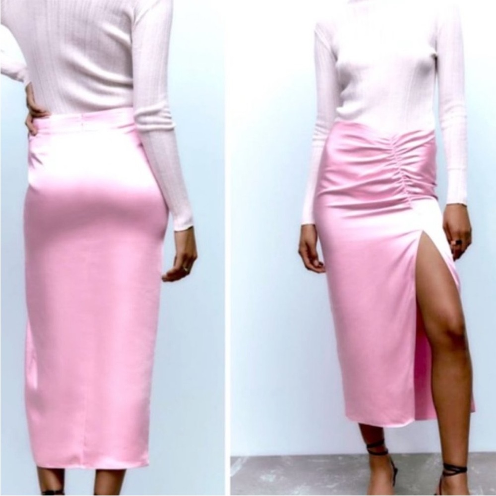 ZARA Bubblegum Pink Satin Silk Effect
Slit Ruched Maxi Skirt - NEW